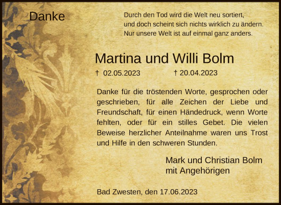 Todesanzeige von Martina ud Willi Bolm von HNA