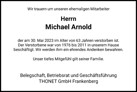 Todesanzeige von Michael Arnold von HNA