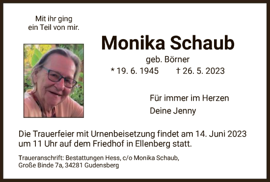 Todesanzeige von Monika Schaub von HNA