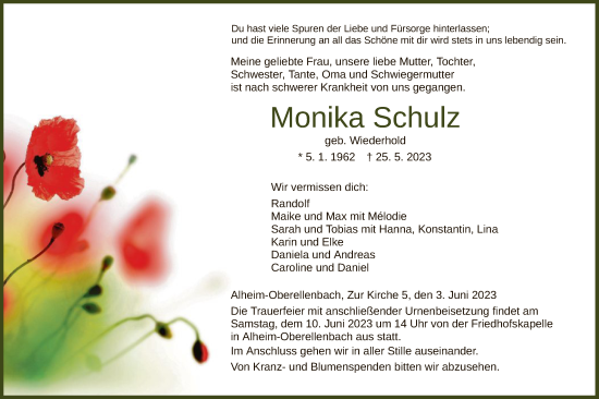 Todesanzeige von Monika Schulz von HNA