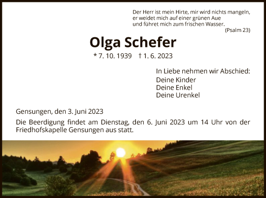 Todesanzeige von Olga Schefer von HNA