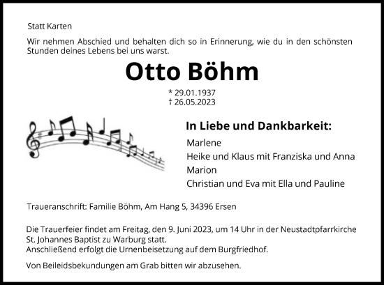 Todesanzeige von Otto Böhm von HNA
