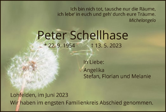 Todesanzeige von Peter Schellhase von HNA