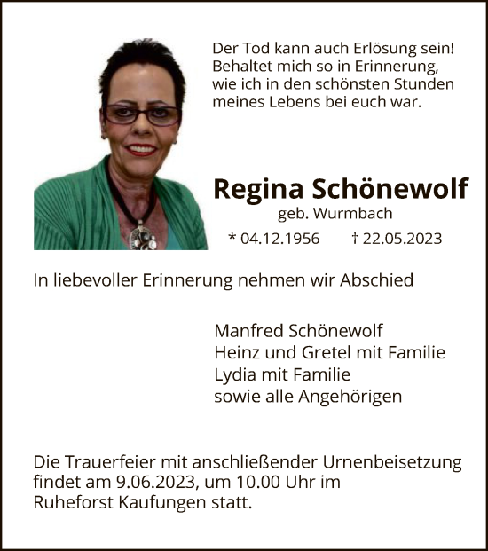 Todesanzeige von Regina Schönewolf von HNA