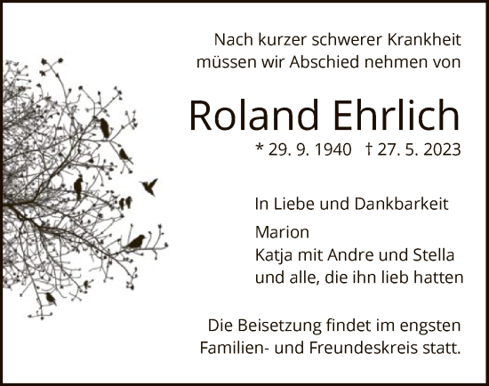 Todesanzeige von Roland Ehrlich von HNA