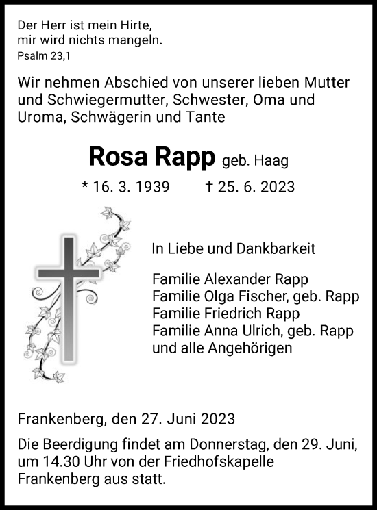 Todesanzeige von Rosa Rapp von HNA