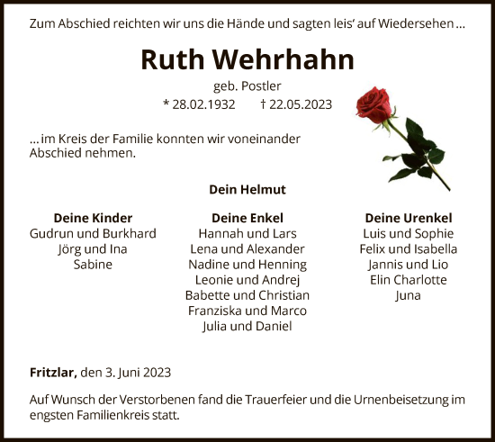 Todesanzeige von Ruth Wehrhahn von HNA