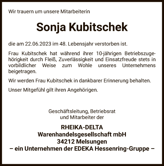 Todesanzeige von Sonja Kubitschek von HNA
