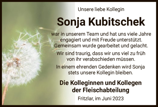 Todesanzeige von Sonja Kubitschek von HNA