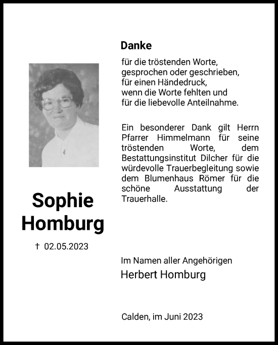 Todesanzeige von Sophie Homburg von HNA