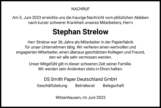 Todesanzeige von Stephan Strelow von HNA