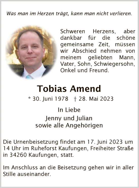 Todesanzeige von Tobias Amend von HNA