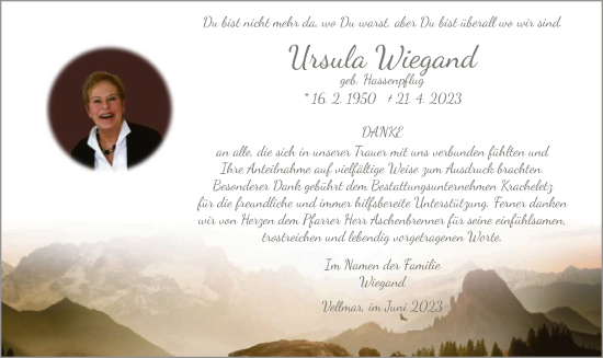 Todesanzeige von Ursula Wiegand von HNA