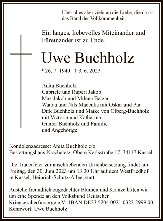 Todesanzeige von Uwe Buchholz von HNA