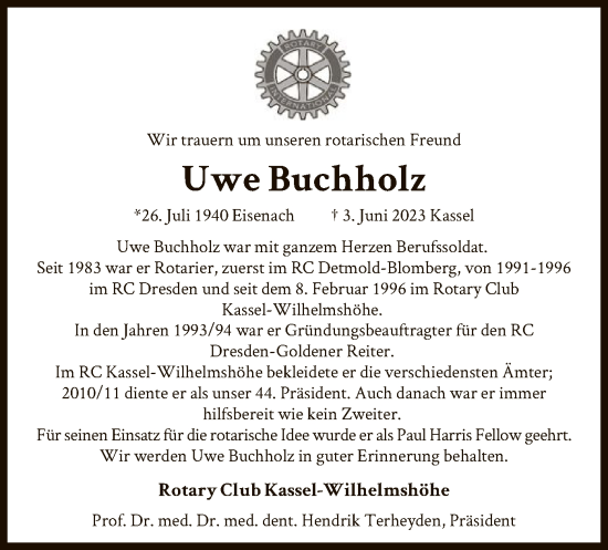 Todesanzeige von Uwe Buchholz von HNA