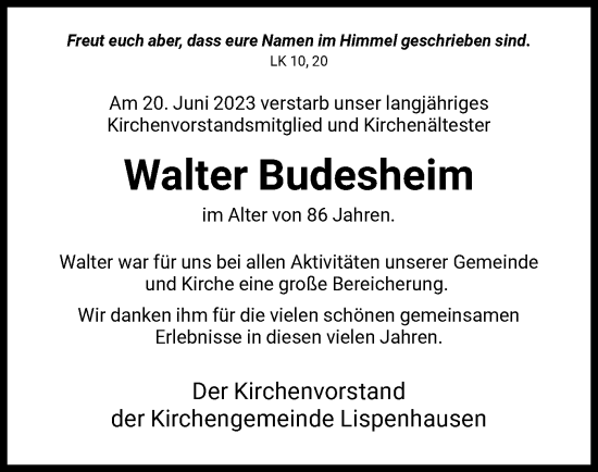 Todesanzeige von Walter Budesheim von HNA