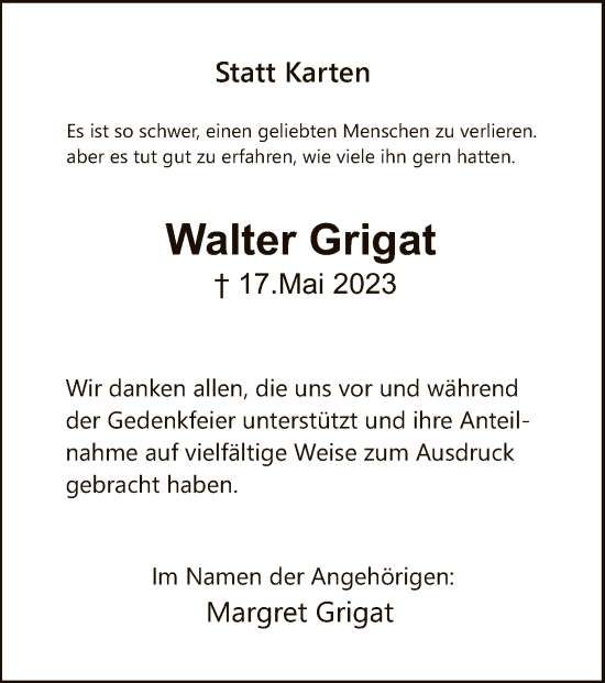 Todesanzeige von Walter Grigat von HNA