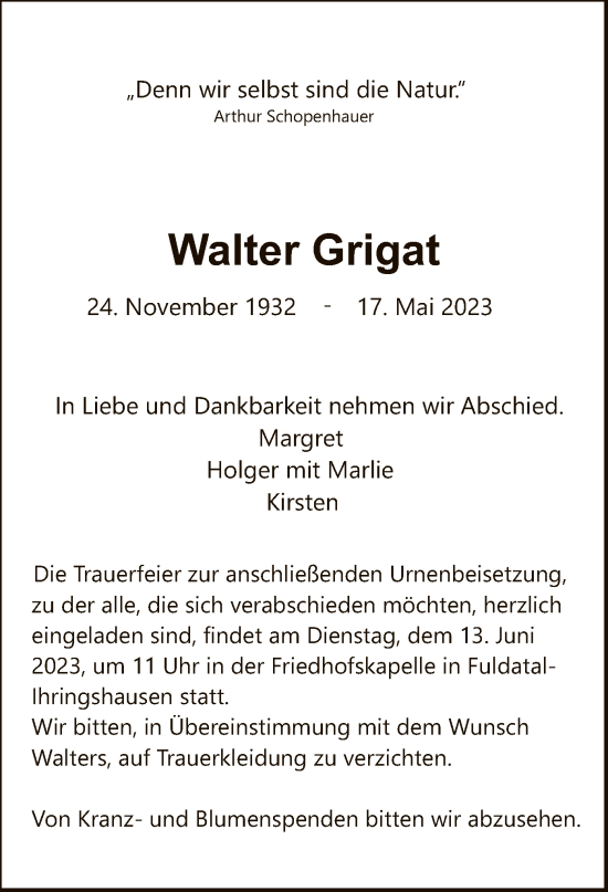 Todesanzeige von Walter Grigat von HNA