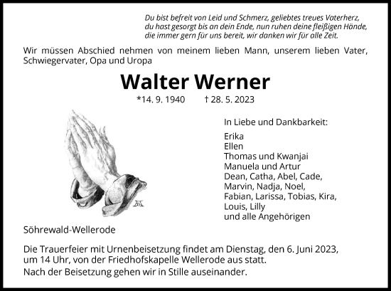 Todesanzeige von Walter Werner von HNA
