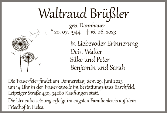 Todesanzeige von Waltraud Brüßler von HNA