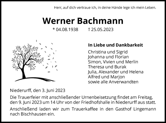 Todesanzeige von Werner Bachmann von HNA