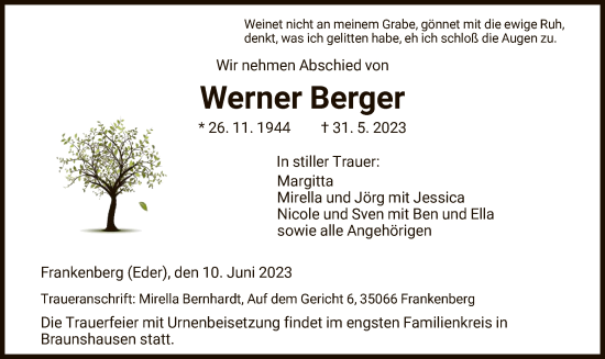 Todesanzeige von Werner Berger von HNA