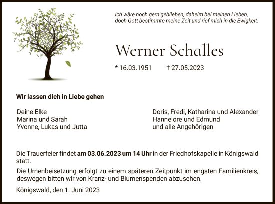 Todesanzeige von Werner Schalles von HNA