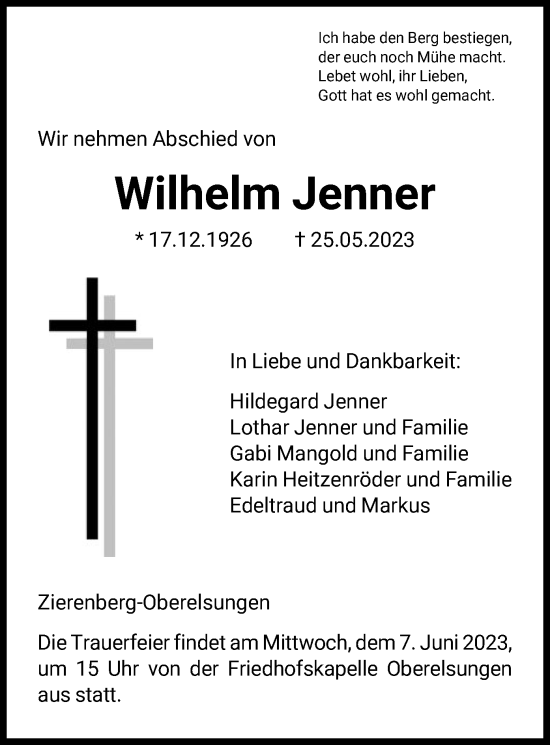 Todesanzeige von Wilhelm Jenner von HNA