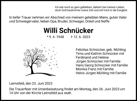 Todesanzeige von Willi Schnücker von HNA