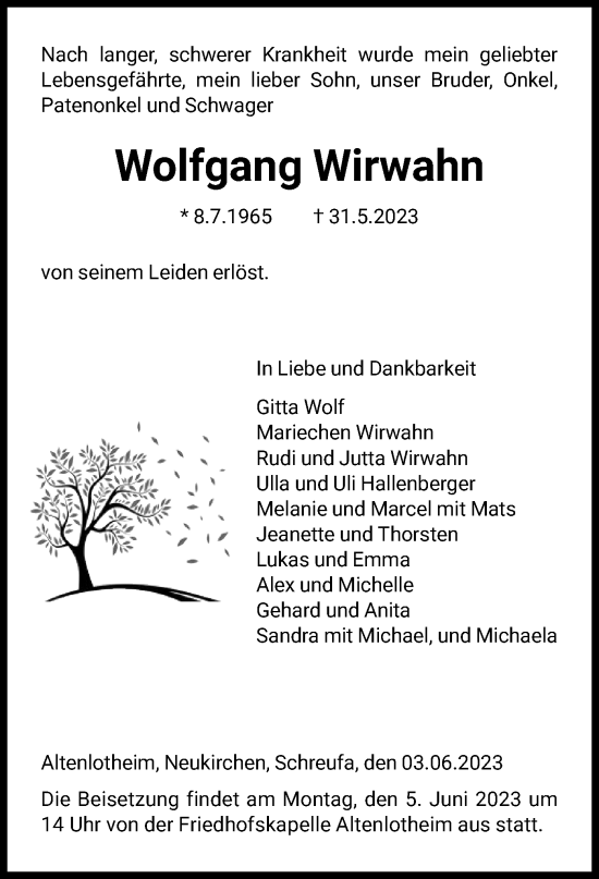 Todesanzeige von Wolfgang Wirwahn von HNA