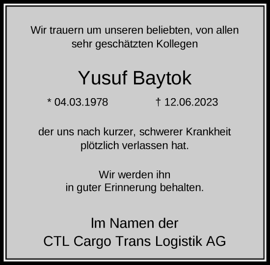 Todesanzeige von Yusuf Baytok von HNA