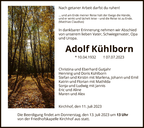 Todesanzeige von Adolf Kühlborn von HNA