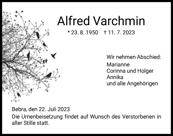 Todesanzeige von Alfred Varchmin von HNA