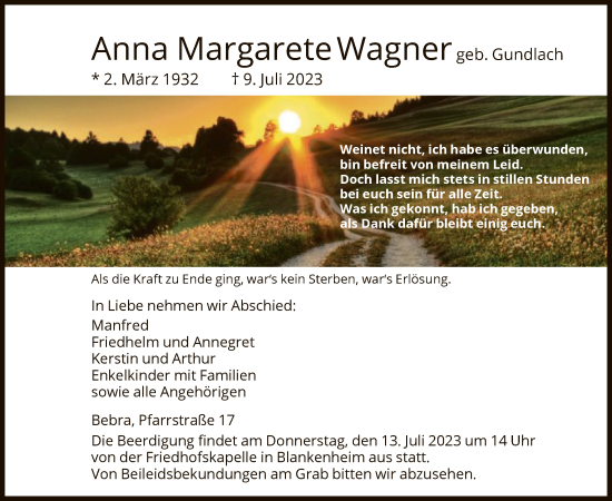 Todesanzeige von Anna Margarete Wagner von HNA