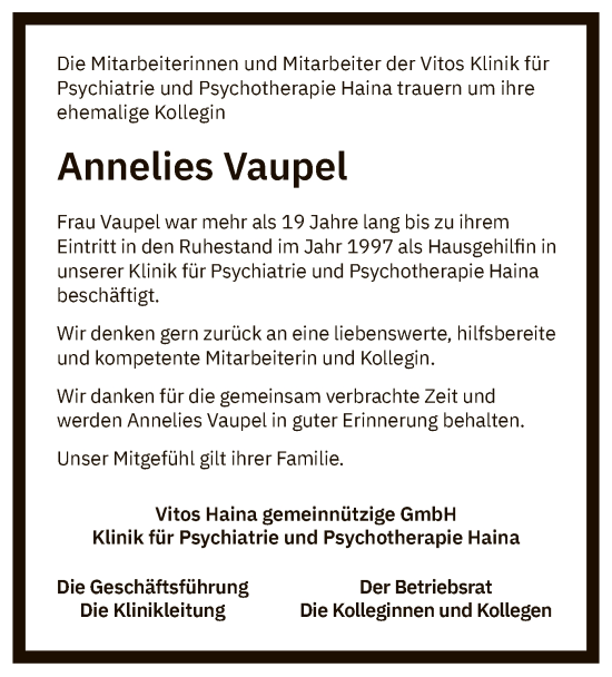 Todesanzeige von Annelies Vaupel von HNA