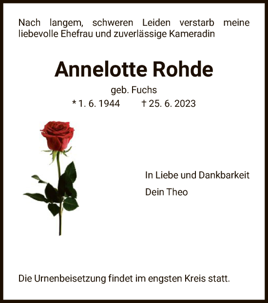 Todesanzeige von Annelotte Rohde von HNA