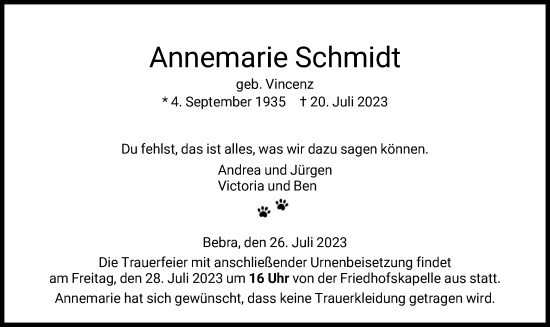 Todesanzeige von Annemarie Schmidt von HNA