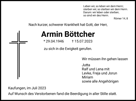 Todesanzeige von Armin Böttcher von HNA