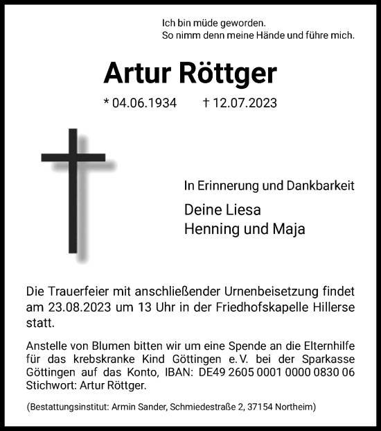 Todesanzeige von Artur Röttger von HNA