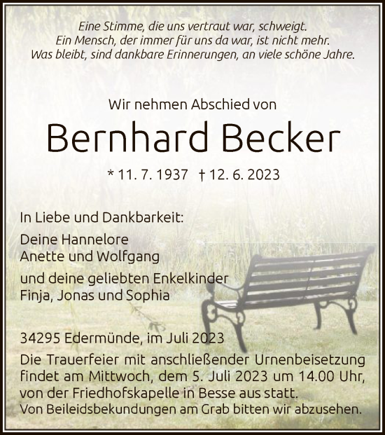 Todesanzeige von Bernhard Becker von HNA