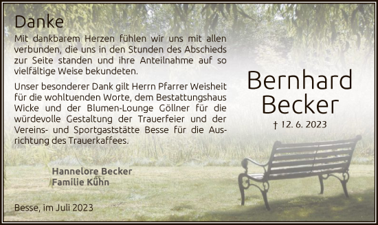 Todesanzeige von Bernhard Becker von HNA
