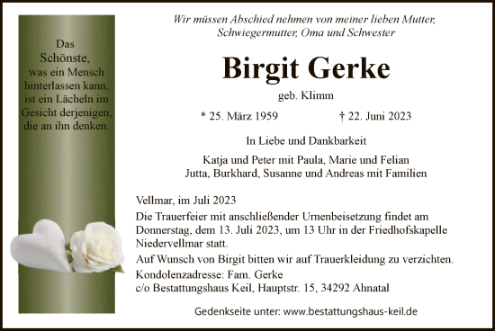 Todesanzeige von Birgit Gerke von HNA
