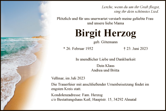 Todesanzeige von Birgit Herzog von HNA