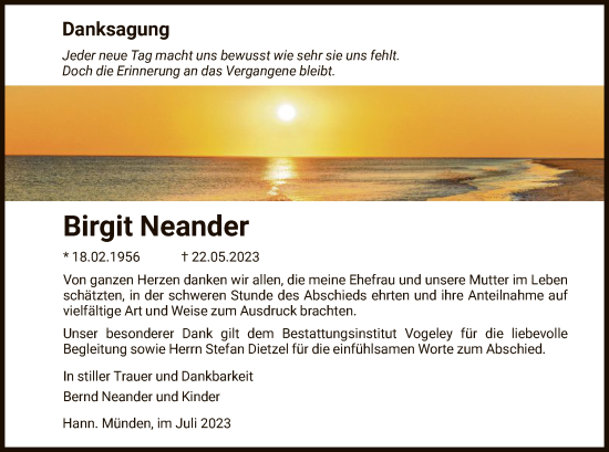 Todesanzeige von Birgit Neander von HNA