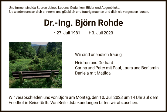 Todesanzeige von Björn Rohde von HNA