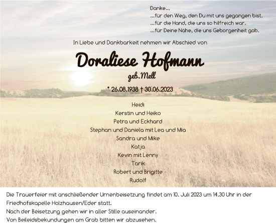 Todesanzeige von Doraliese Hofmann von HNA