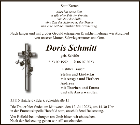 Todesanzeige von Doris Schmitt von HNA