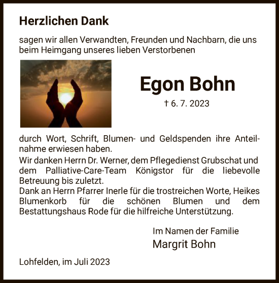 Todesanzeige von Egon Bohn von HNA