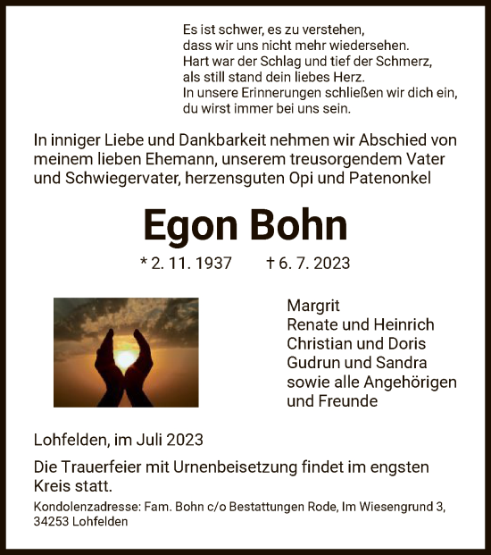 Todesanzeige von Egon Bohn von HNA