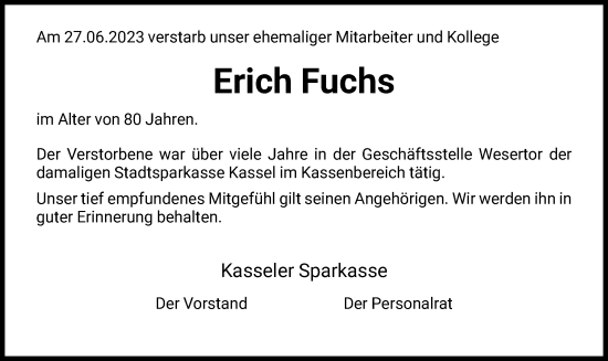 Todesanzeige von Erich Fuchs von HNA